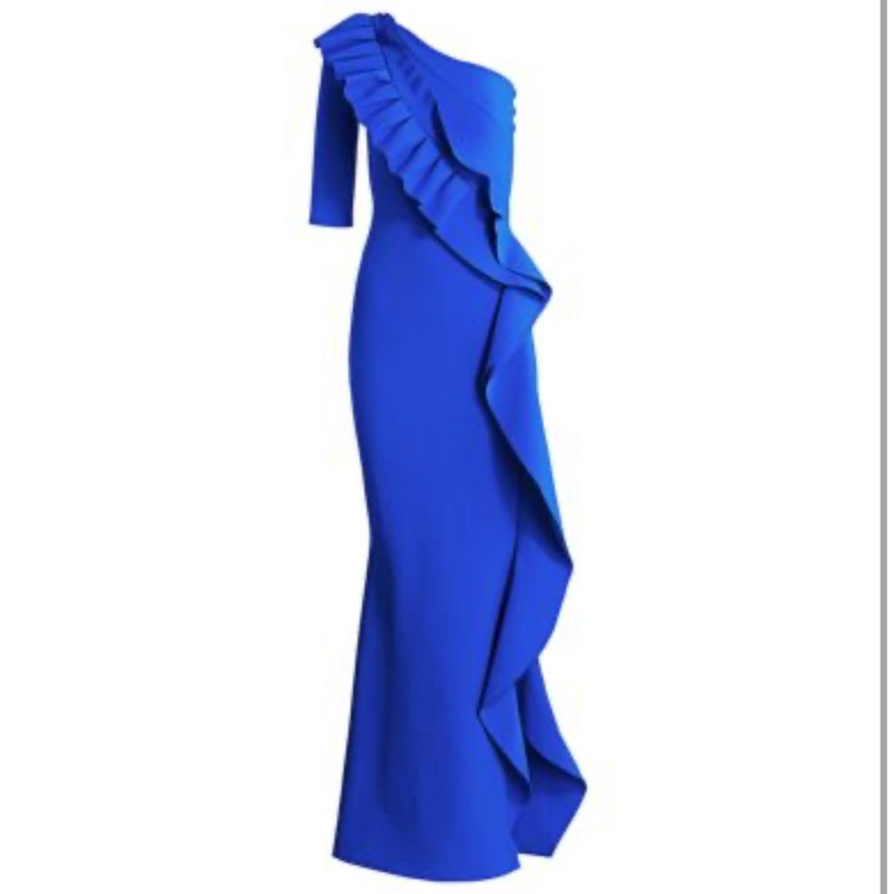 Chiara Boni Blue Long One shoulder Ruffle Dress